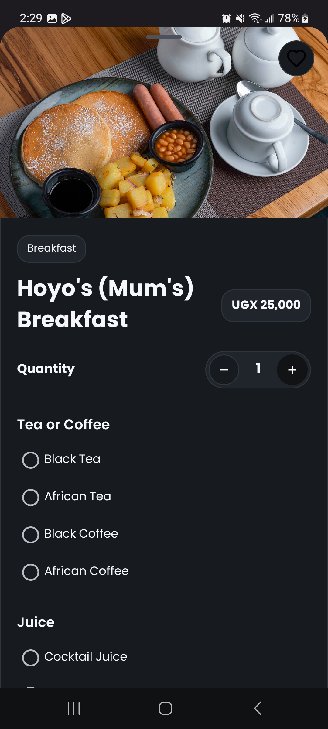 TLC App menu screen